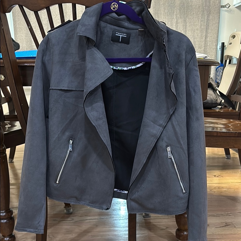 Gray Faux Suede Jacket with Zipper Details